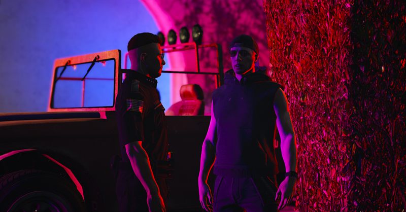 Deputy im Gespräch unter Neonlicht